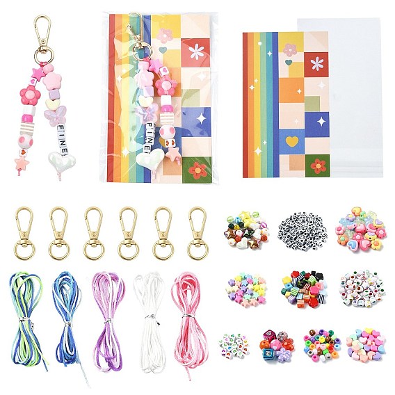 DIY Keychain Making Kits, including Plastic Bags, Paper Card, Acrylic and Resin Beads, Alloy Clasps, Cord, Instruction