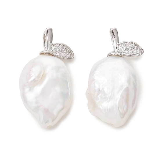 Натуральные овальные подвески из барочного жемчуга кеши, Подвески в виде фруктов с латунными микропаве из прозрачных кубических цирконий в качестве застежек., белые