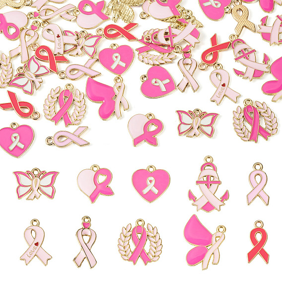 50Pcs 10 Styles Alloy Enamel Pendants, October Breast Cancer Pink Awareness Ribbon, Golden