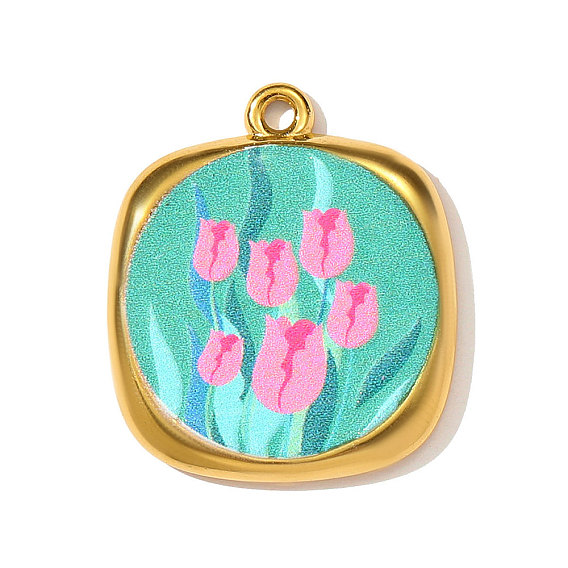 Печатные 304 подвески из нержавеющей стали, квадратные подвески с цветочным узором, зеркальная полировка, ионное покрытие (ip), реальный 18 k позолоченный