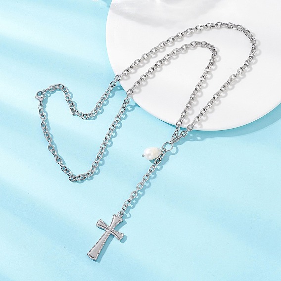 304 крест из нержавеющей стали с натуральным жемчугом риса, кулон на цепочке и ожерелье, цветочный белый