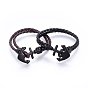 Braided Leather Cord Multi-strand Bracelets, with Waxed Cord and Alloy Clasps, Anchor with Skull