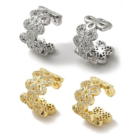 Rack Plating Brass Micro Pave Clear Cubic Zirconia Flower Cuff Earrings for Women, Cadmium Free & Lead Free, Long-Lasting Plated