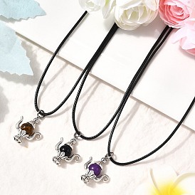 3Pcs Alloy & Natural Amethyst & Tiger Eye & Synthetic Blue Goldstone Pendant Waxed Cord Necklace, Teapot