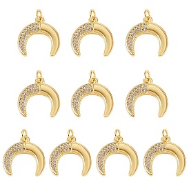 10Pcs Rack Plating Brass Micro Pave Cubic Zirconia Pendants, Real 18K Gold Plated, Long-Lasting Plated, Double Horn/Crescent Moon