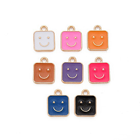  Alloy Enamel Charms, Cadmium Free & Lead Free, Light Gold, Square with Smile