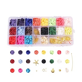 DIY Jewelry Kits, with Handmade Polymer Clay Heishi Beads, Alloy Pendants, Elastic Thread, Brass Spacer Beads & Ball Head Pins & Jump Rings, Cowrie Shell Beads and Scissors
