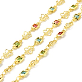 Handmade Brass Square & Butterfly Link Chains, with Glass, Long-Lasting Plated, Golden, Soldered, with Spool