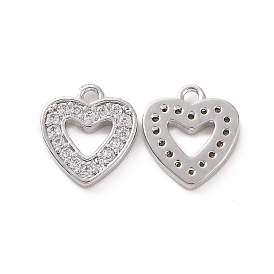 Brass Micro Pave Cubic Zirconia Charm, with Jump Rings, Hollow Heart Charm