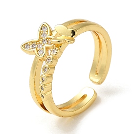 Rack Plating Brass Micro Pave Clear Cubic Zirconia Open Cuff Rings for Women, Butterfly