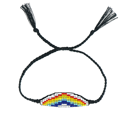 Glass Seed Wide Band with Rainbow Pattern Friendship Link Bracelet for Women