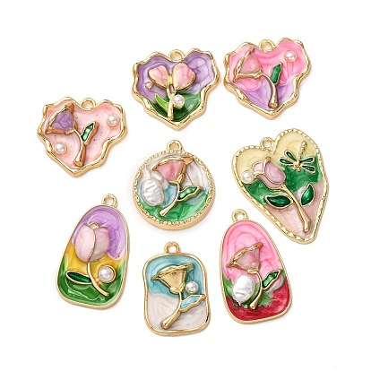 Сплав эмали цветочные кулоны, с имитацией АБС-жемчуга и блестящей пудрой, стойки покрытие, золотой свет