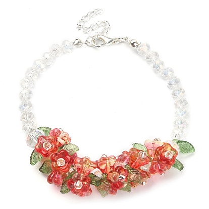 Flower Glass Beaded Link Bracelet with Alloy Clasps for Women