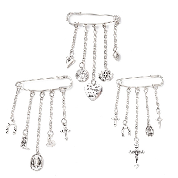 3 шт. сплав подвески килт булавки брошь, с железными булавками и кабельными цепями, сердце/древо жизни/шляпа