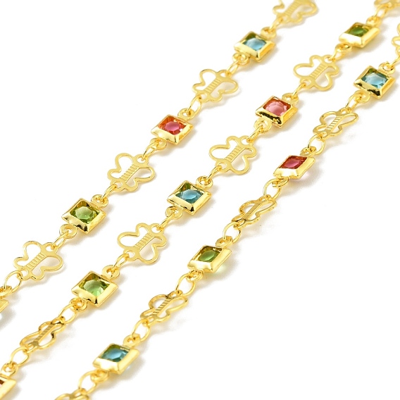 Handmade Brass Square & Butterfly Link Chains, with Glass, Long-Lasting Plated, Golden, Soldered, with Spool