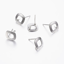 304 Stainless Steel Stud Earring Findings, with Loop, Square