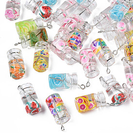 Glass Bottle Pendants, with Resin Inside, Imitation Fruit Juice