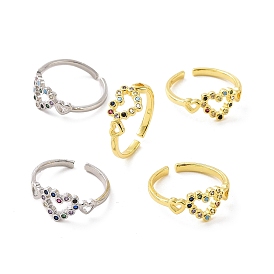 Colorful Cubic Zirconia Double Heart Open Cuff Ring, Rack Plating Brass for Valentine's Day, Cadmium Free & Lead Free