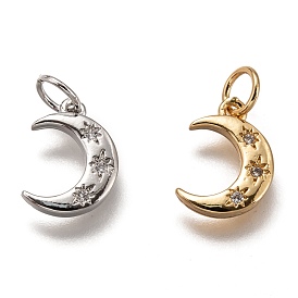 Brass Micro Pave Clear Cubic Zirconia Charms, Long-Lasting Plated, Cadmium Free & Lead Free, Moon with Star