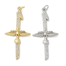 Rack Plating Brass Micro Pave Cubic Zirconia Pendants, Long-Lasting Plated, Lead Free & Cadmium Free, Cross with Wings Charms, with Jump Ring