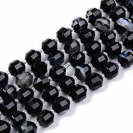 Natural Black Banded Agate/Striped Agate Beads Strands, Round, Faceted