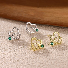 Латунные серьги-гвоздики с микропаве из зеленых кубических цирконий для женщин, сердце со стетоскопом