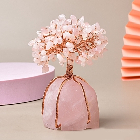 Natural Gemstone Chips Tree of Life Decorations, Rose Quartz Base with Copper Wire Feng Shui Energy Stone Gift for Home Office Desktop Decoration