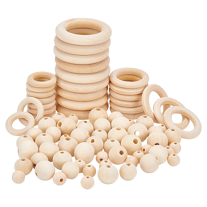 Unfinished Wood Beads & Linking Rings, Mixed Shapes