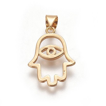 Brass Pendants, with Cubic Zirconia, Hamsa Hand with Eye, Clear