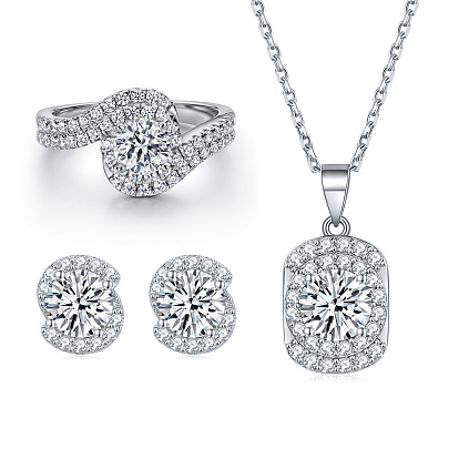 Sparkling Zirconia & Diamond Twist Set - Sterling Silver Earrings, Pendant Necklace Trio for Women