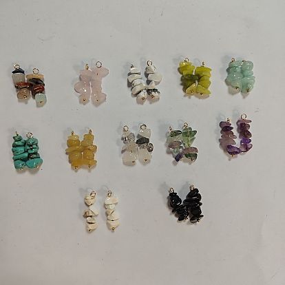24Stück 12Stile Anhänger mit gemischten Edelsteinsplittern, mit Messing-Schleifen, golden, gemischt gefärbt und ungefärbt