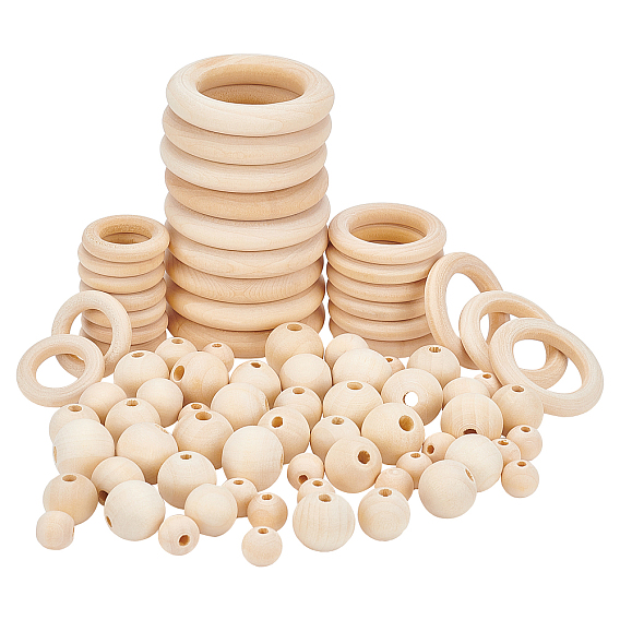Unfinished Wood Beads & Linking Rings, Mixed Shapes