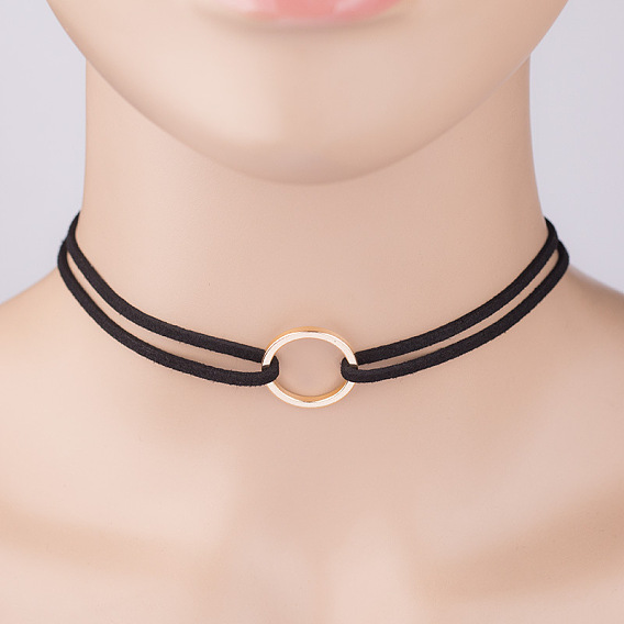 Двухслойные ожерелья-чокеры из искусственной замши с кольцами из сплава и цепочками с латунными концами, золотые