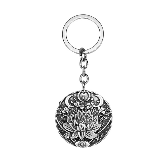 Retro Flat Round with Mandala Flower Moon Eye Alloy Pendant Keychain, for Men Women Gift