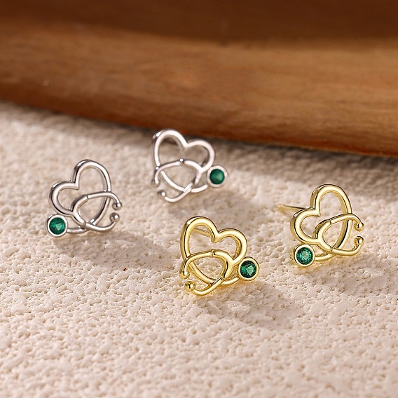 Латунные серьги-гвоздики с микропаве из зеленых кубических цирконий для женщин, сердце со стетоскопом