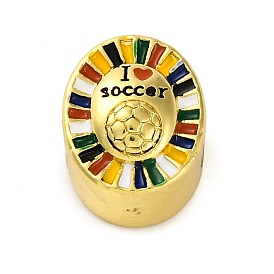 Brass Enamel European Beads, Large Hole Beads, Cadmium Free & Lead Free, Long-Lasting Plated, Real 18K Gold Plated, Oval with I Love Soccer