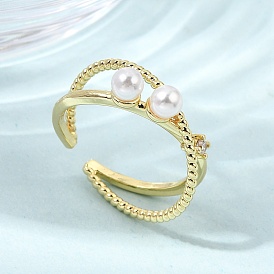 Brass Micro Pave Cubic Zirconia Cuff Open Rings, Criss Cross Rings, with ABS Plastic Pearl for Women, Long-Lasting Plated, Cadmium Free & Lead Free, Real 18K Gold Plated