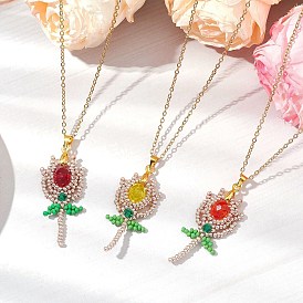 3Pcs 3 Styles Glass Seed Beaded Flower Pendant Necklaces, 304 Stainless Steel Cable Chain Necklaces for Women, Golden