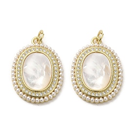 Brass Pave Shell Pendants, Oval Charms with ABS Imitation Pearl