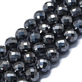 Natural Terahertz Stone Beads Strands, Faceted(64 Facets), Round