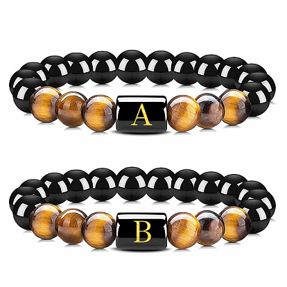 Natural Tiger Eye Beaded Bracelet with Black Obsidian Elastic Cord for Men and Women