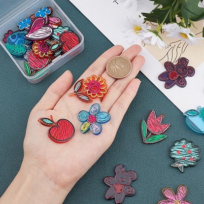 SUNNYCLUE 22Pcs 11 Style Transparent Acrylic Pendants, 3D Printed, Flower & Apple & Bear & Rooster/Cock & Rainbow with Cloud & Heart