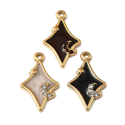 304 Stainless Steel Enamel Pendants, Star with Moon Charms, with Rhinestone, Real 18K Gold Plated, Ion Plating(IP)