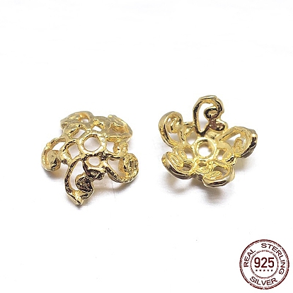 Real 18K Gold Plated 5-Petal 925 Sterling Silver Bead Caps, Flower, 6.5x2.5mm, Hole: 1mm, about 117pcs/20g