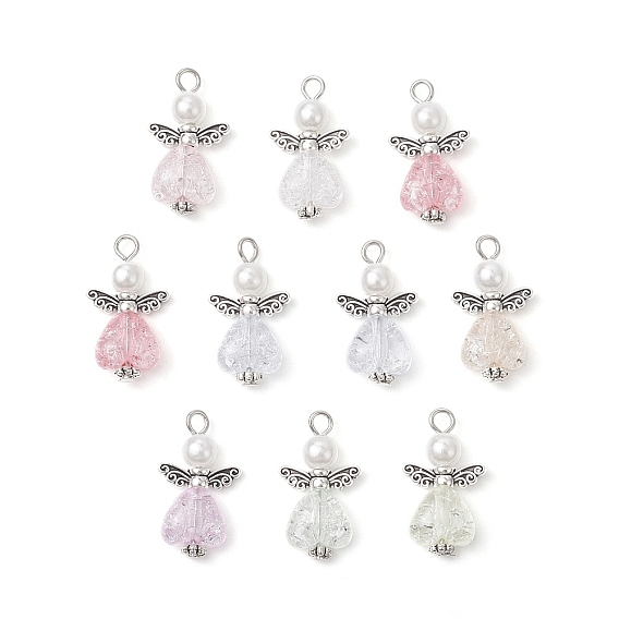 60 шт прозрачные акриловые подвески, Сердце с ангелом, с круглыми бусинами из сплава в тибетском стиле и искусственного жемчуга из АБС-пластика