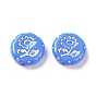 Opaque Acrylic Beads, Metal Enlaced, Flat Round with Flower Pattern