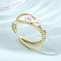 Brass Micro Pave Cubic Zirconia Cuff Open Rings, Criss Cross Rings, with ABS Plastic Pearl for Women, Long-Lasting Plated, Cadmium Free & Lead Free, Real 18K Gold Plated