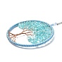 Wire Wrapped Chips Dyed Glass Big Pendant Decorations, with Iron Chains and Imitation Leather Rope, Flat Round with Tree of Life