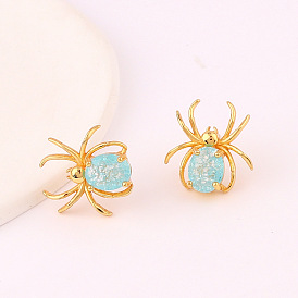 Chic Oval Zircon Stud Earrings with Animal Insect Dangle and Colorful Gemstones