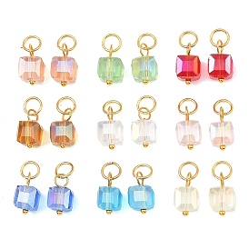 Подвески гальванизируйте стекла, кубический шарм, с открытыми пружинными кольцами из нержавеющей стали 304, реальный 18 k позолоченный, граненые